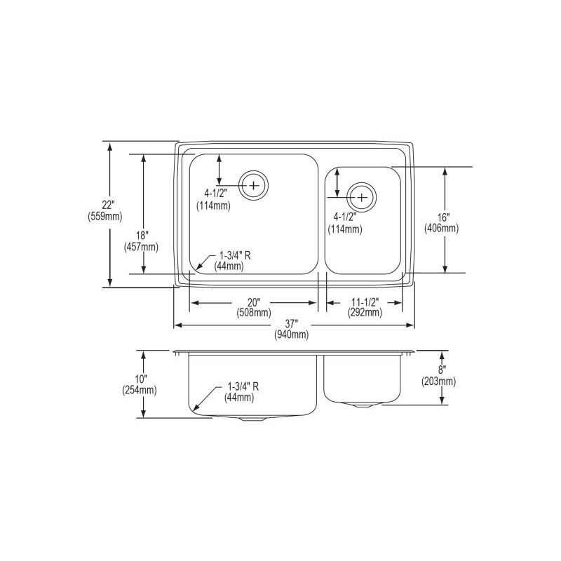 37" x 22" x 10" 18 Gauge Stainless Steel Offset 60/40 Double Bowl Drop-in Kitchen Sink with 1 Faucet Hole in Lustrous Satin