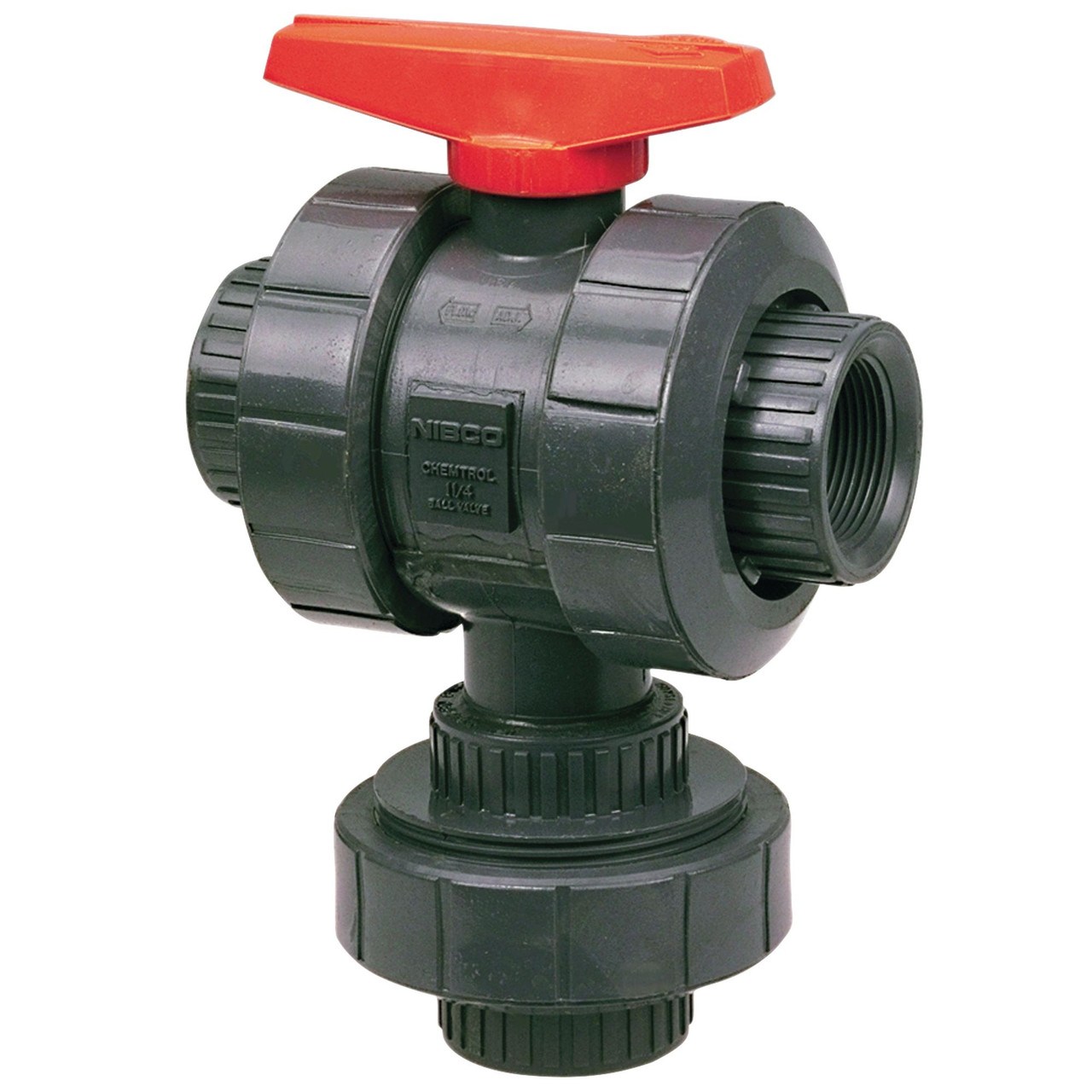 T45M3-V 1/2 THD TU MULTI BV FKM PVC, Ball Valve - Threaded, True Union, 3-Way 3-Position Multi-Port, PVC Schedule 80, FKM, T45M3-V