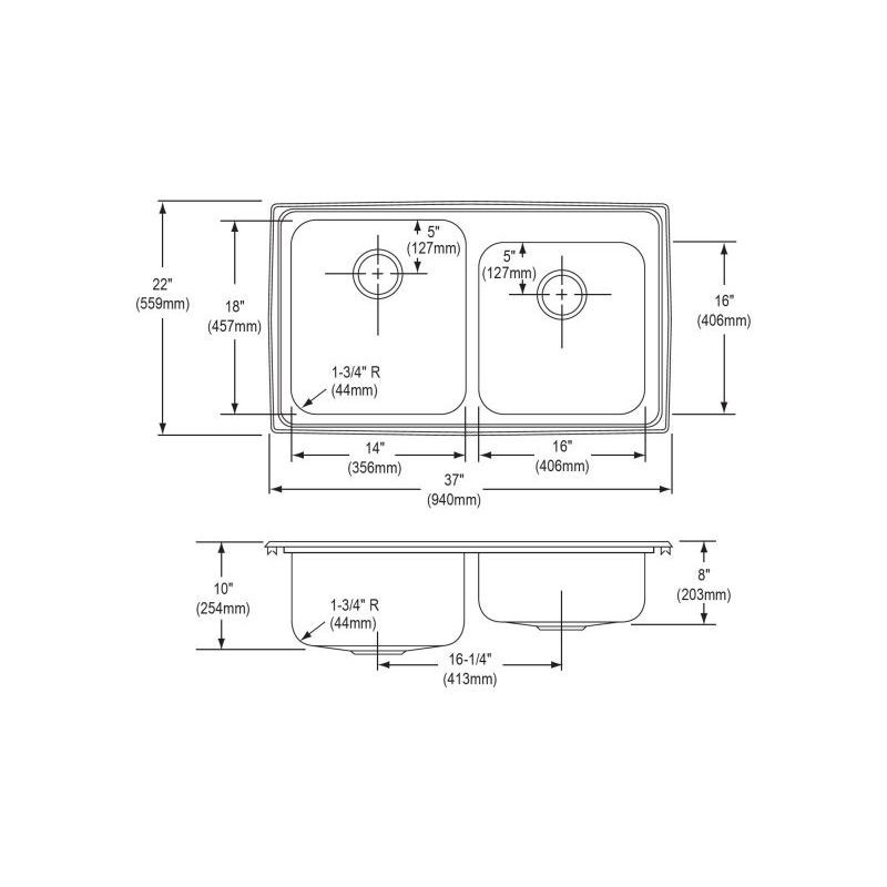 37" x 22" x 10" 18 Gauge Stainless Steel Offset Double Bowl Drop-in Kitchen Sink with 3 Faucet Holes in Lustrous Satin