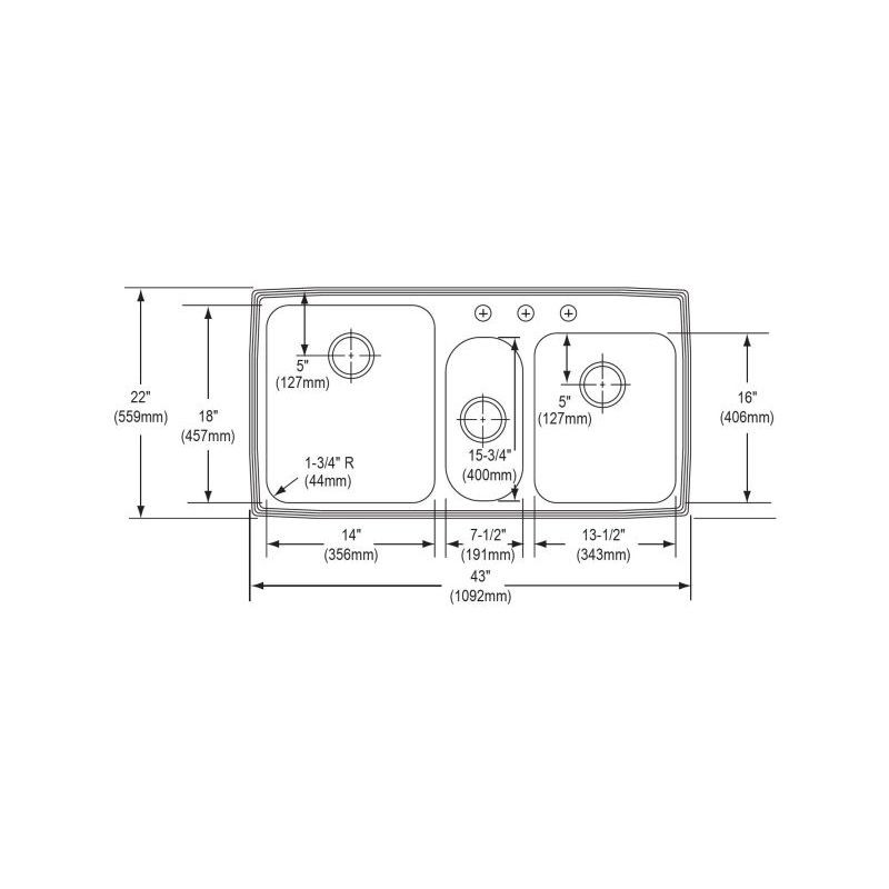 43" x 22" x 10" 18 Gauge Stainless Steel Triple Bowl Drop-in Kitchen Sink with 1 Faucet Hole in Lustrous Satin