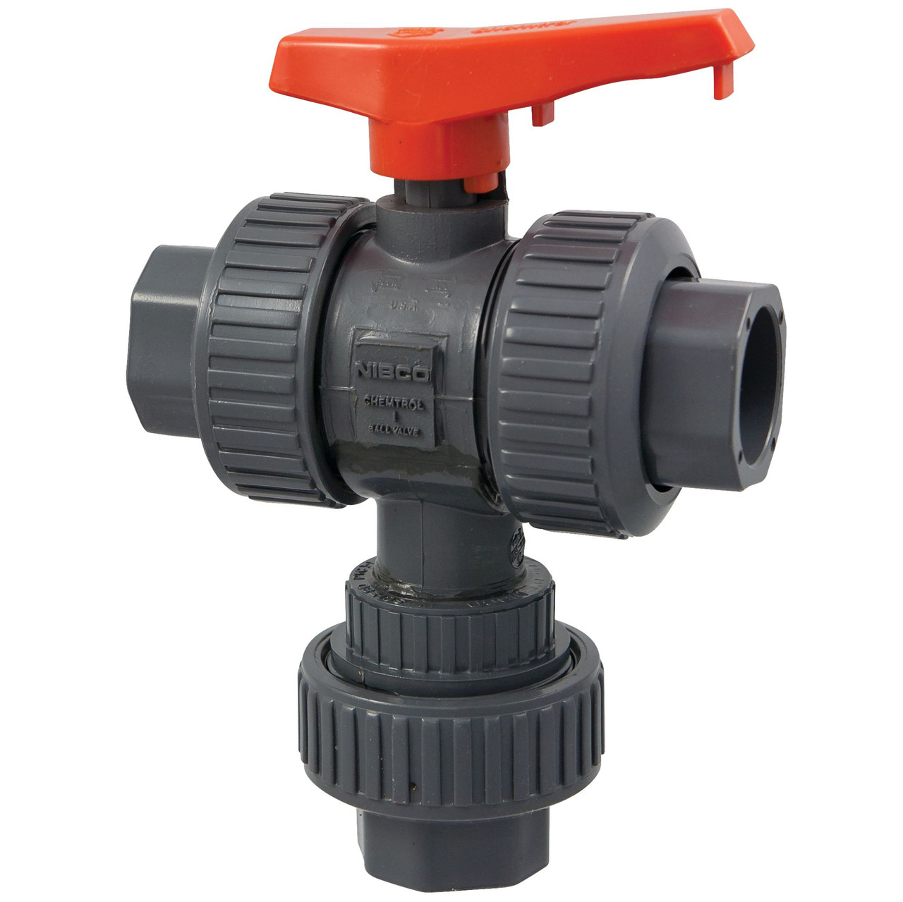 T45D2-V 3/4 THD TU DIV BV FKM PVC, Ball Valve - Threaded, True Union, 3-Way 2-Position Diverter, PVC Schedule 80, FKM, T45D2-V