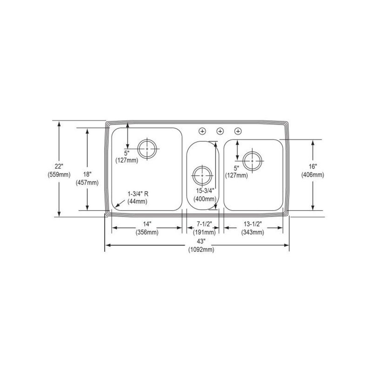 43" x 22" x 10" 18 Gauge Stainless Steel Triple Bowl Drop-in Kitchen Sink with 3 Faucet Holes in Lustrous Satin