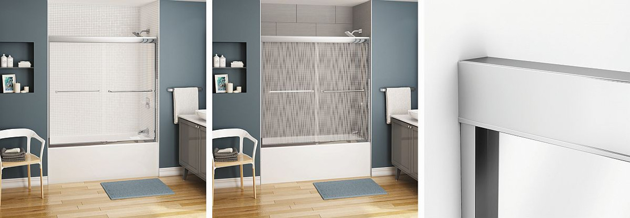 55 to 59in x 57in Semi-frameless Slider Tub Door with Clear Glass, in Brushed Nickel 55 to 59in x 57in Semi-frameless Slider Tub Door with Clear Glass, in Brushed Nickel