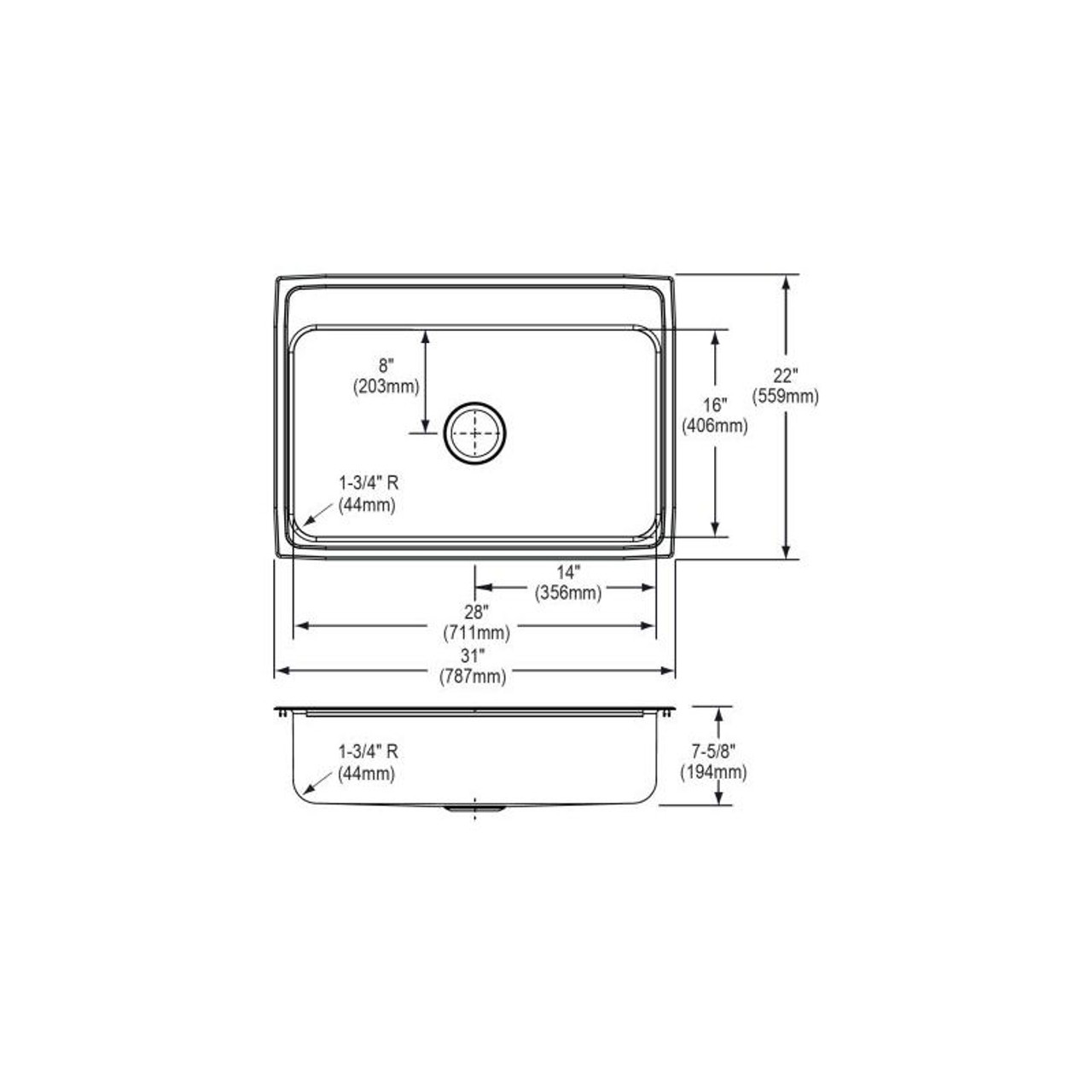 31" x 22" x 7-5/8" 18 Gauge Stainless Steel Single Bowl Drop-in Kitchen Sink with 4 Faucet Holes in Lustrous Satin