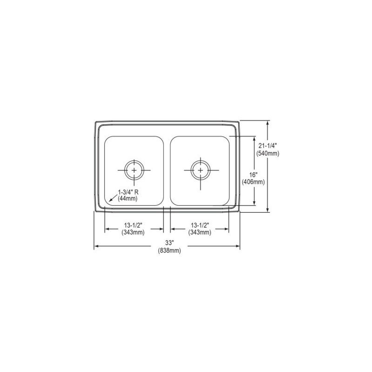 33" x 21-1/4" x 7-7/8" 18 Gauge Stainless Steel Equal Double Bowl Drop-in Kitchen Sink with 1 Faucet Hole in Lustrous Satin