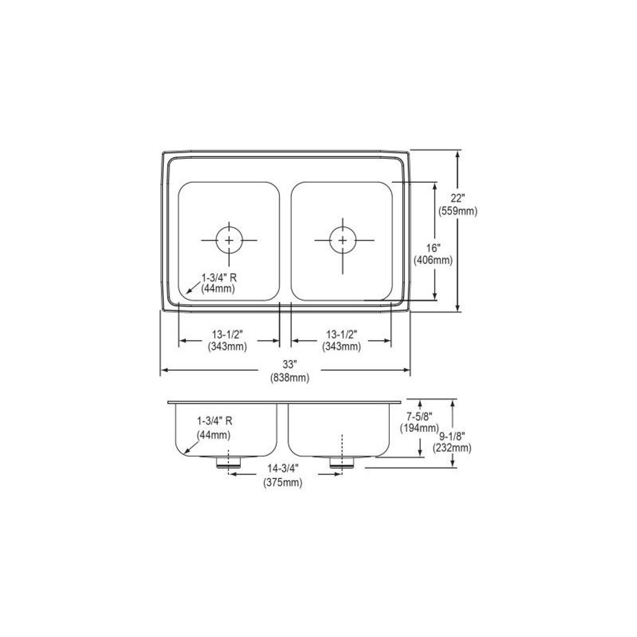33" x 22" x 8-1/8" 18 Gauge Stainless Steel Equal Double Bowl Drop-in Kitchen Sink with Perfect Drain and 2 Faucet Holes in Lustrous Satin