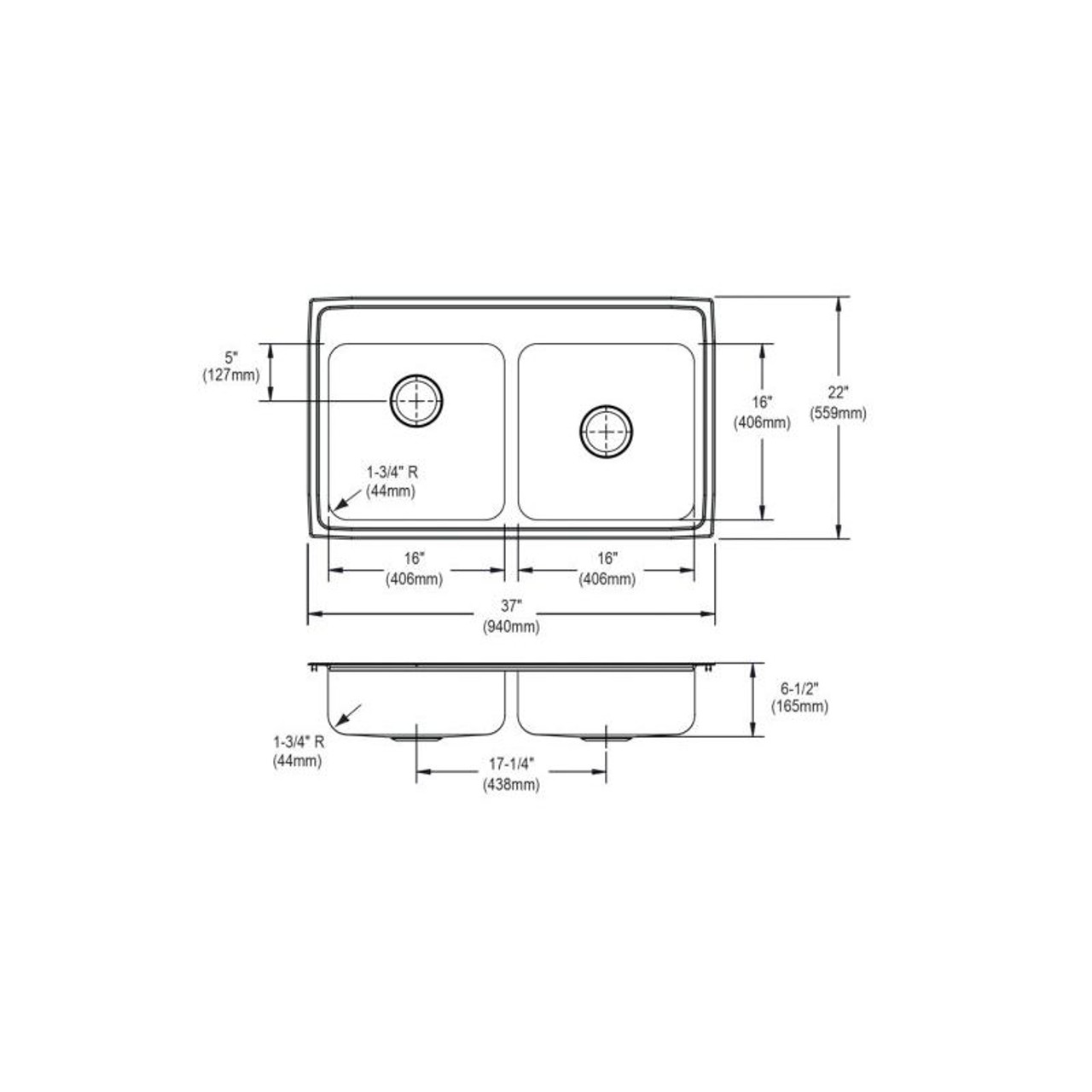 37" x 22" x 7-5/8" 18 Gauge Stainless Steel Equal Double Bowl Drop-in Kitchen Sink with 3 Faucet Holes in Lustrous Satin