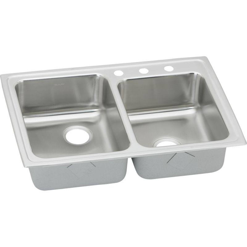 Stainless Steel Double Bowl Top Mount Sink with 3 Faucet Holes in Lustrous Highlighted Satin