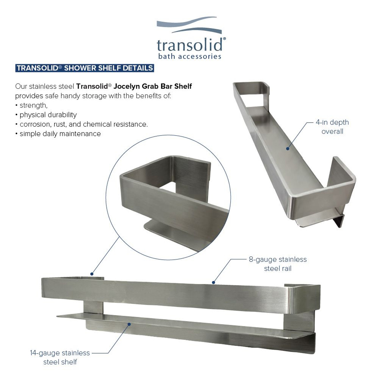 Transolid JGBS20-BS Transolid JGBS20-BS Jocelyn 20-in Grab Bar Shelf; Brushed Stainless