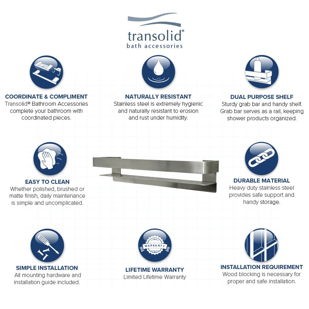Transolid JGBS20-BS Transolid JGBS20-BS Jocelyn 20-in Grab Bar Shelf; Brushed Stainless