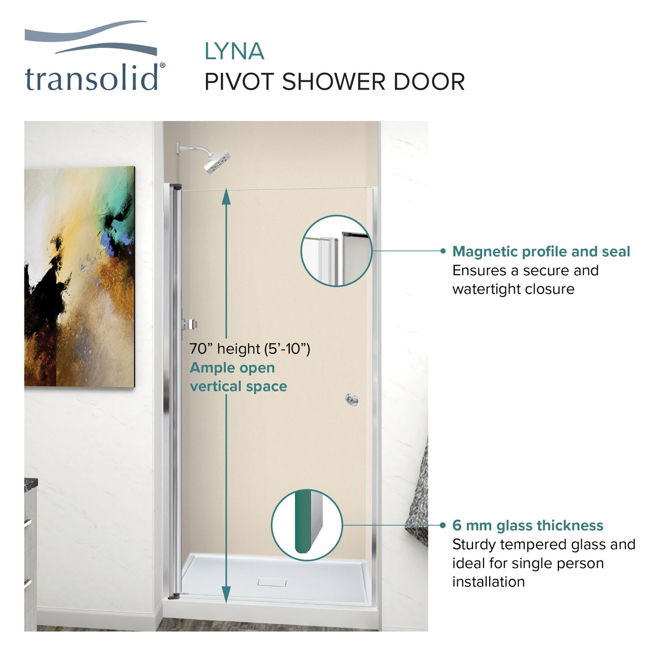 Transolid LSD297006C-PC Lyna 29-in x 70-in Pivot Shower Door, Polished Chrome 