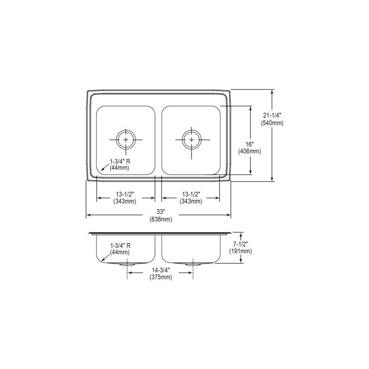 33" x 21-1/4" x 7-1/2" 20 Gauge Stainless Steel Equal Double Bowl Drop-in Kitchen Sink with 1 Faucet Hole in Brushed Satin