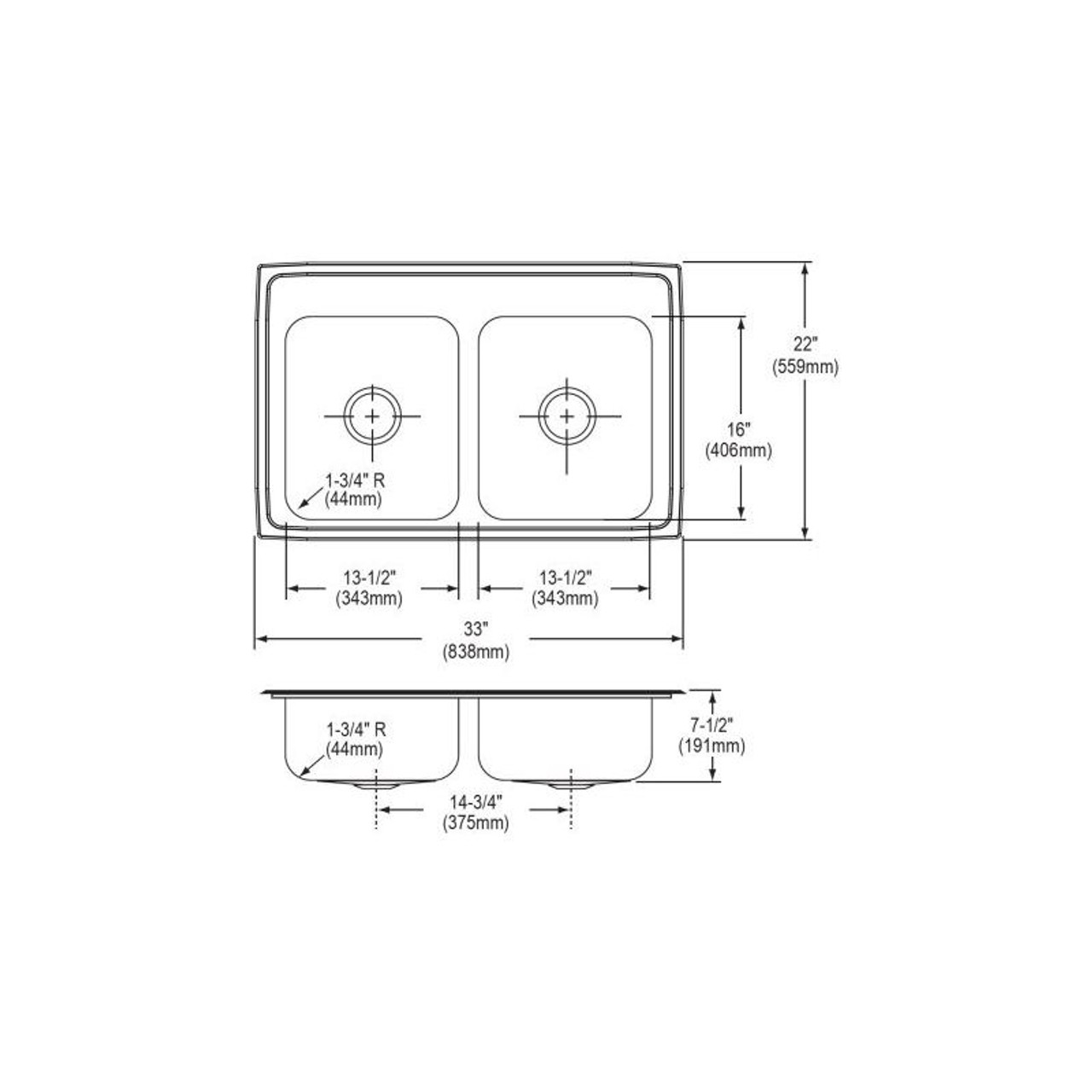 33" x 22" x 7-1/2" 20 Gauge Stainless Steel Equal Double Bowl Drop-in Kitchen Sink with 3 Faucet Holes in Brushed Satin