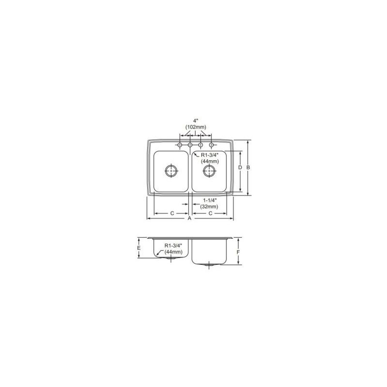 33" x 22" x 10-1/8" 18 Gauge Stainless Steel Double Bowl Drop-in Kitchen Sink with 3 Faucet Holes in Lustertone