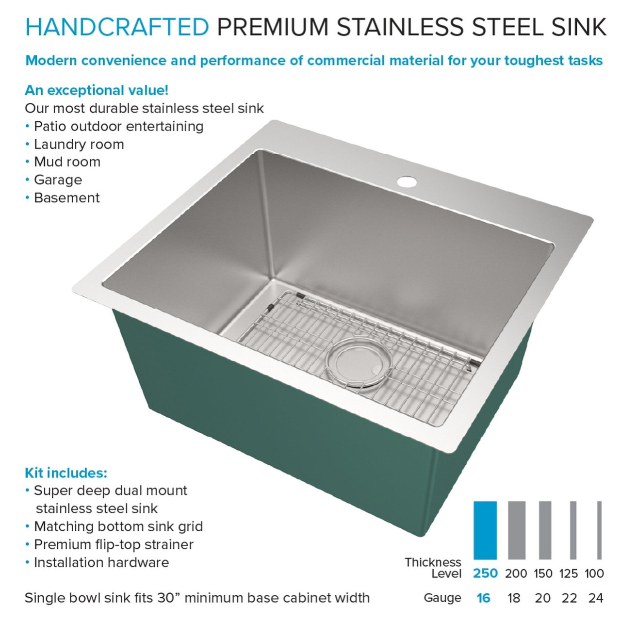 Transolid LSA1-252212-BS 25-in x 22-in x 12-in Stainless Steel Dual-Mount Laundry/Utility Sink Kit with Accessories