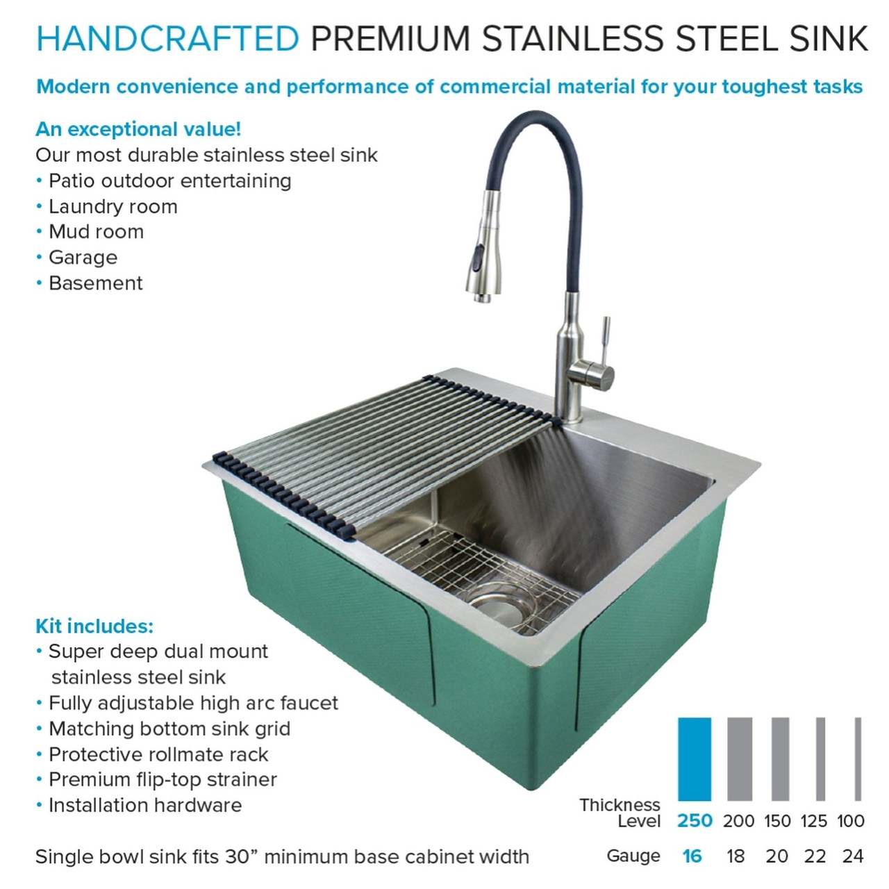 Transolid LSA3-252212-BS 25-in x 22-in x 12-in Stainless Steel Dual-Mount Laundry/Utility Sink Kit with Faucet and Accessories