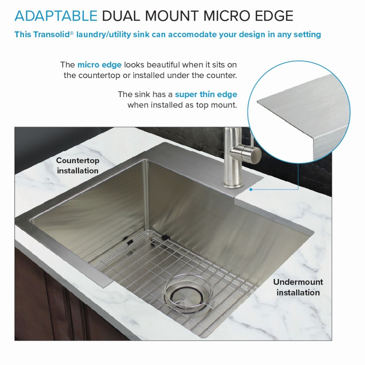 Transolid LSA3-252212-BS 25-in x 22-in x 12-in Stainless Steel Dual-Mount Laundry/Utility Sink Kit with Faucet and Accessories