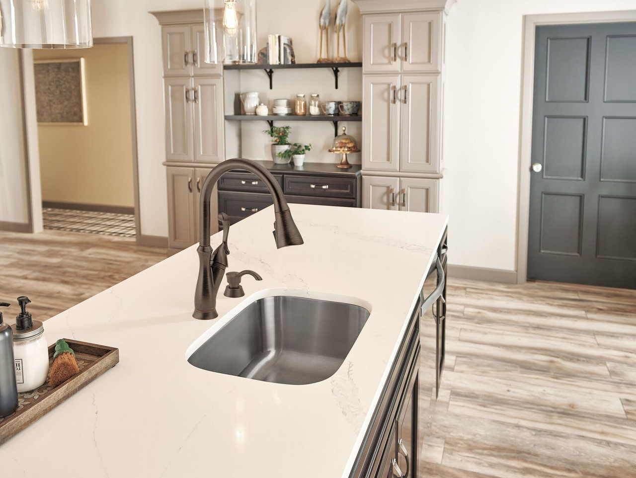 19950Z-RBSD-DST Arabella Single Handle Pull Down Kitchen Faucet with Soap Dispenser and ShieldSpray, Venetian Bronze