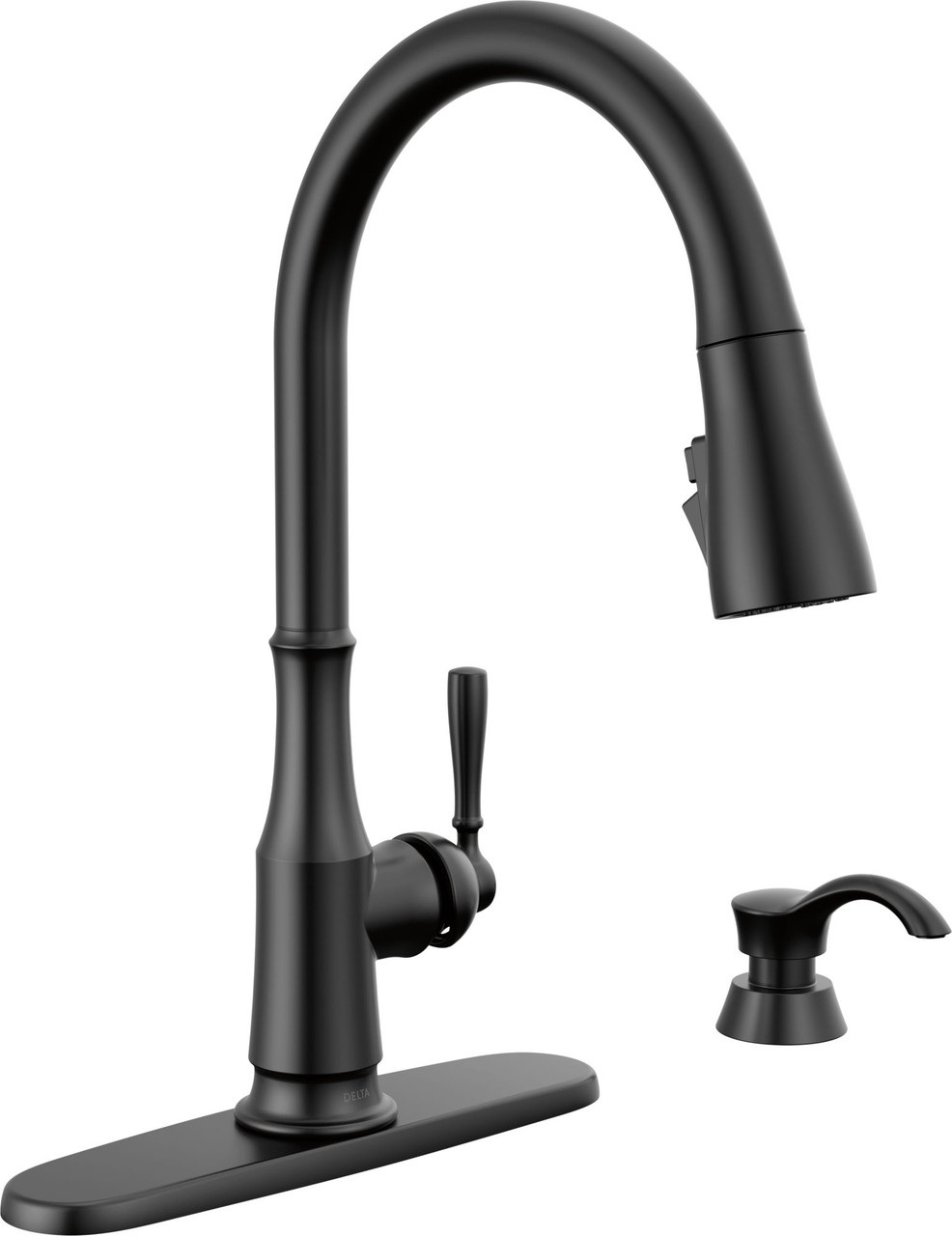 19877Z-BLSD-DST Capertee Single Handle Pull Down Kitchen Faucet with Soap Dispenser and ShieldSpray Technology, Matte Black