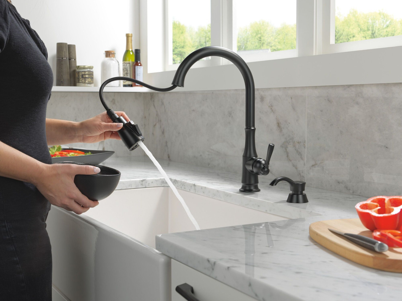 19877Z-BLSD-DST Capertee Single Handle Pull Down Kitchen Faucet with Soap Dispenser and ShieldSpray Technology, Matte Black