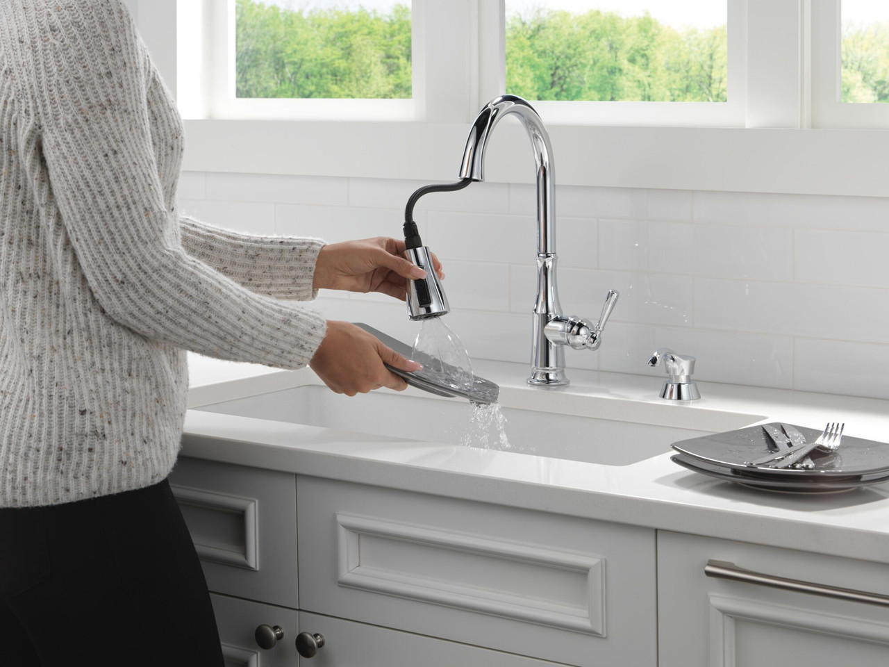 Delta 19877Z-SD-DST Capertee Single Handle Pull Down Kitchen Faucet with Soap Dispenser and ShieldSpray Technology, Chrome