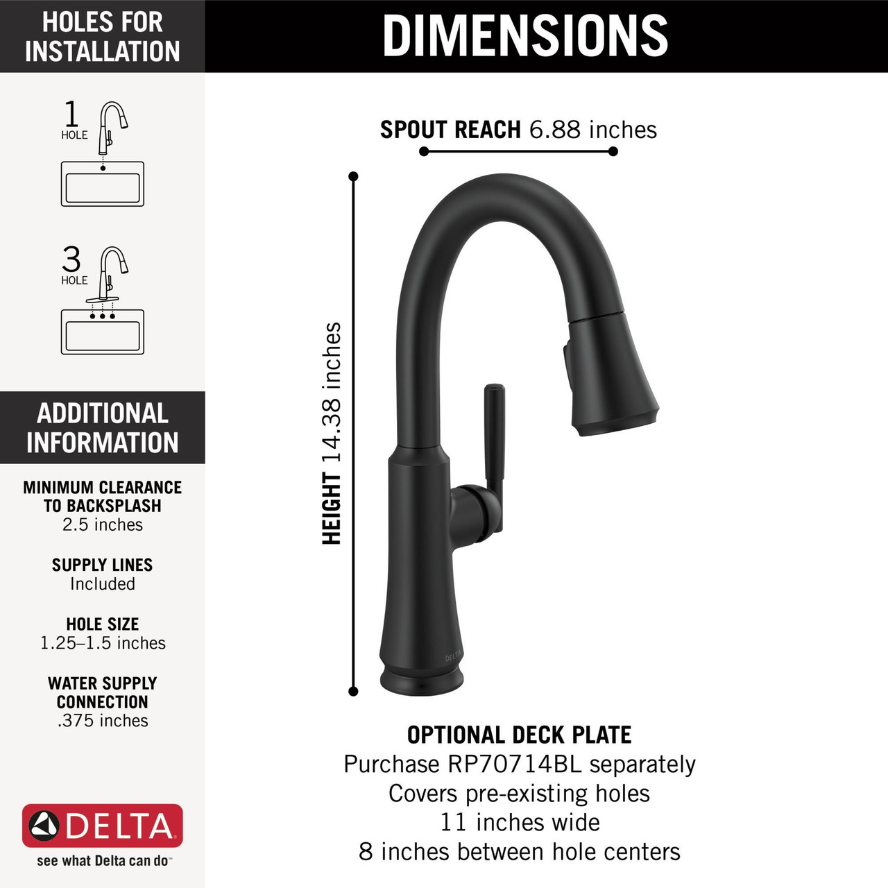 Delta 9979-BL-DST Coranto Single Handle Pull Down Bar or Prep Faucet, Matte Black