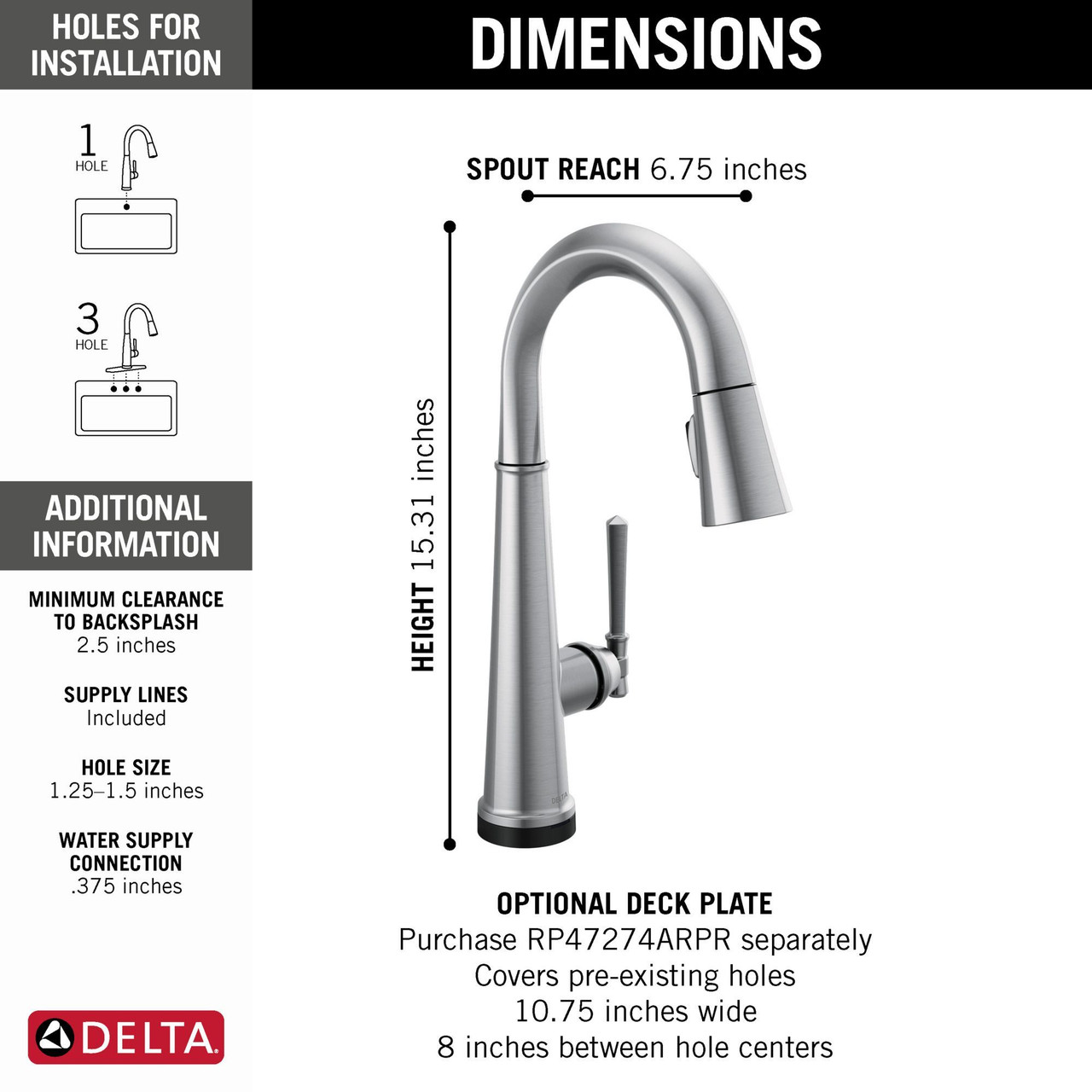 Delta 9982T-AR-PR-DST Emmeline Single Handle Pull Down Bar or Prep Faucet with Touch2O Technology, Lumicoat Arctic Stainless