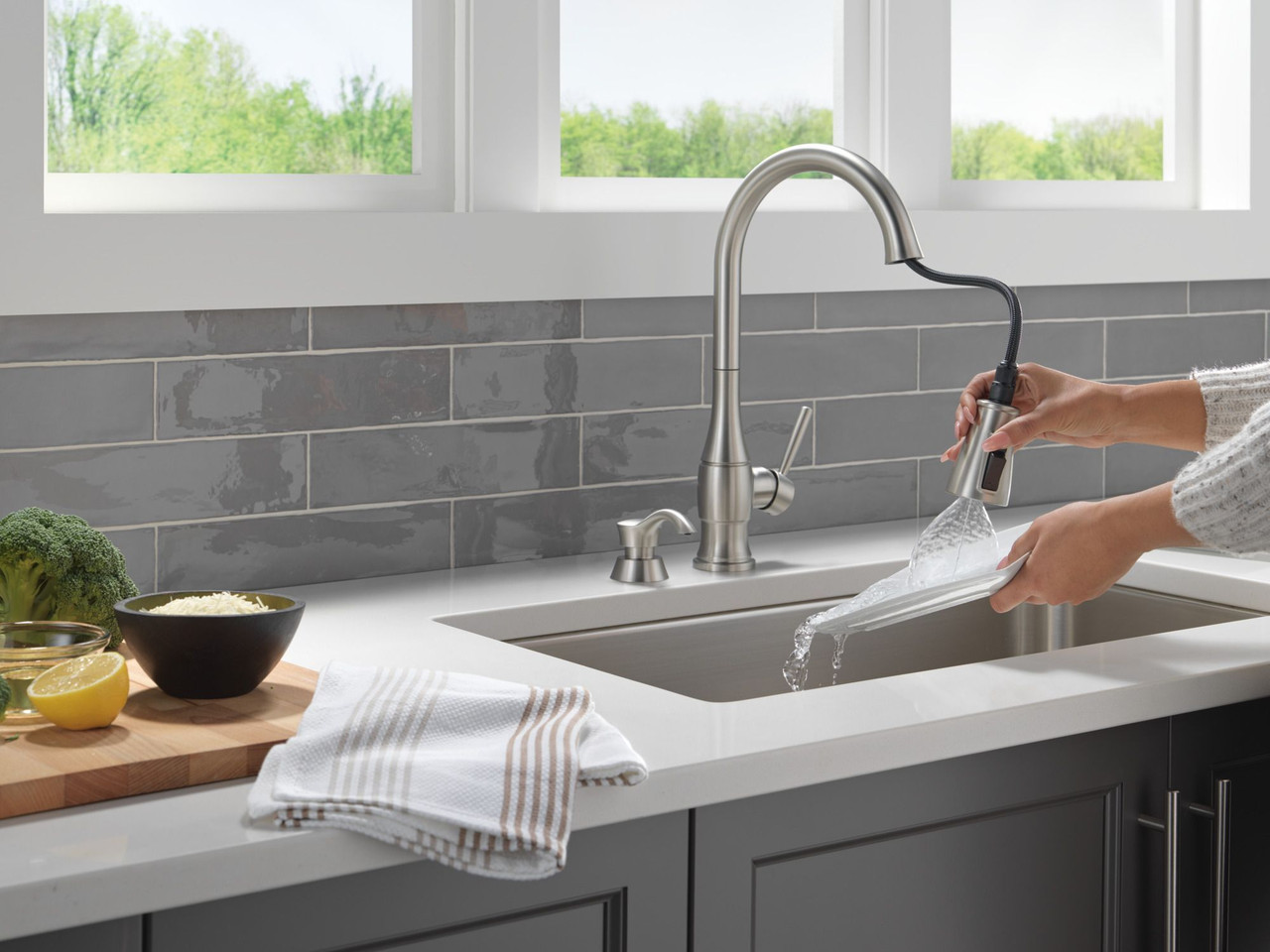 19831Z-SPSD-DST Hazelwood Single Handle Pull Down Kitchen Faucet with Soap Dispenser and ShieldSpray Technology, Spotshield Stainless