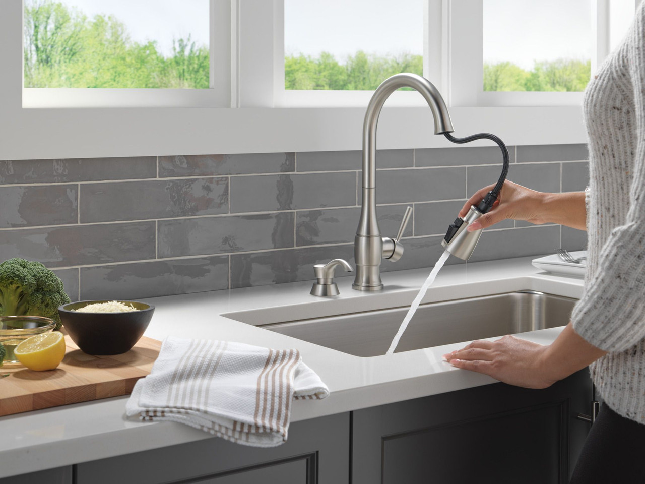 19831Z-SPSD-DST Hazelwood Single Handle Pull Down Kitchen Faucet with Soap Dispenser and ShieldSpray Technology, Spotshield Stainless