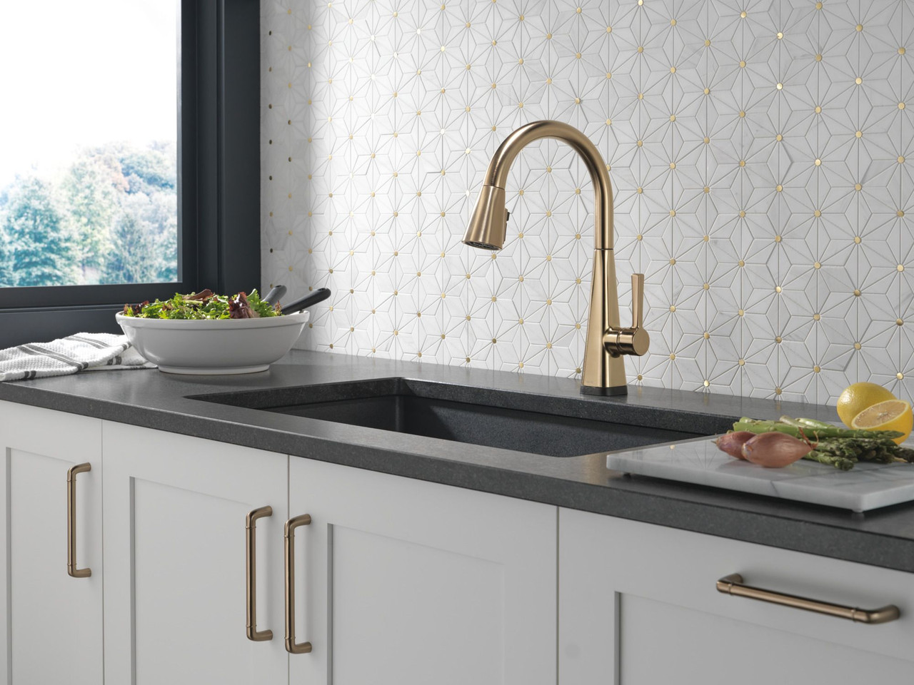 19802TZ-CZ-DST Lenta Single Handle Pull Down Kitchen Faucet with Touch2O Technology, Champagne Bronze