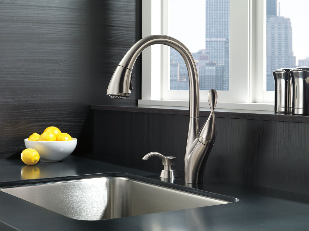 19932Z-SPSD-DST Berkley Single Handle Pull Down Kitchen Faucet with MagnaTite and Soap Dispenser, Spotshield Stainless