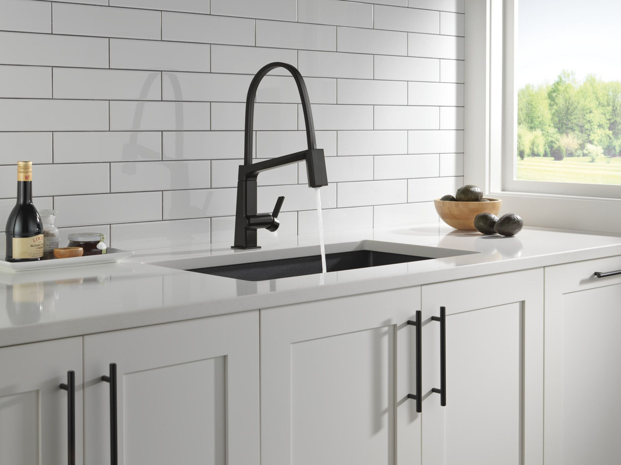 9693-BL-DST Pivotal Single Handle Exposed Hose Kitchen Faucet, Matte Black