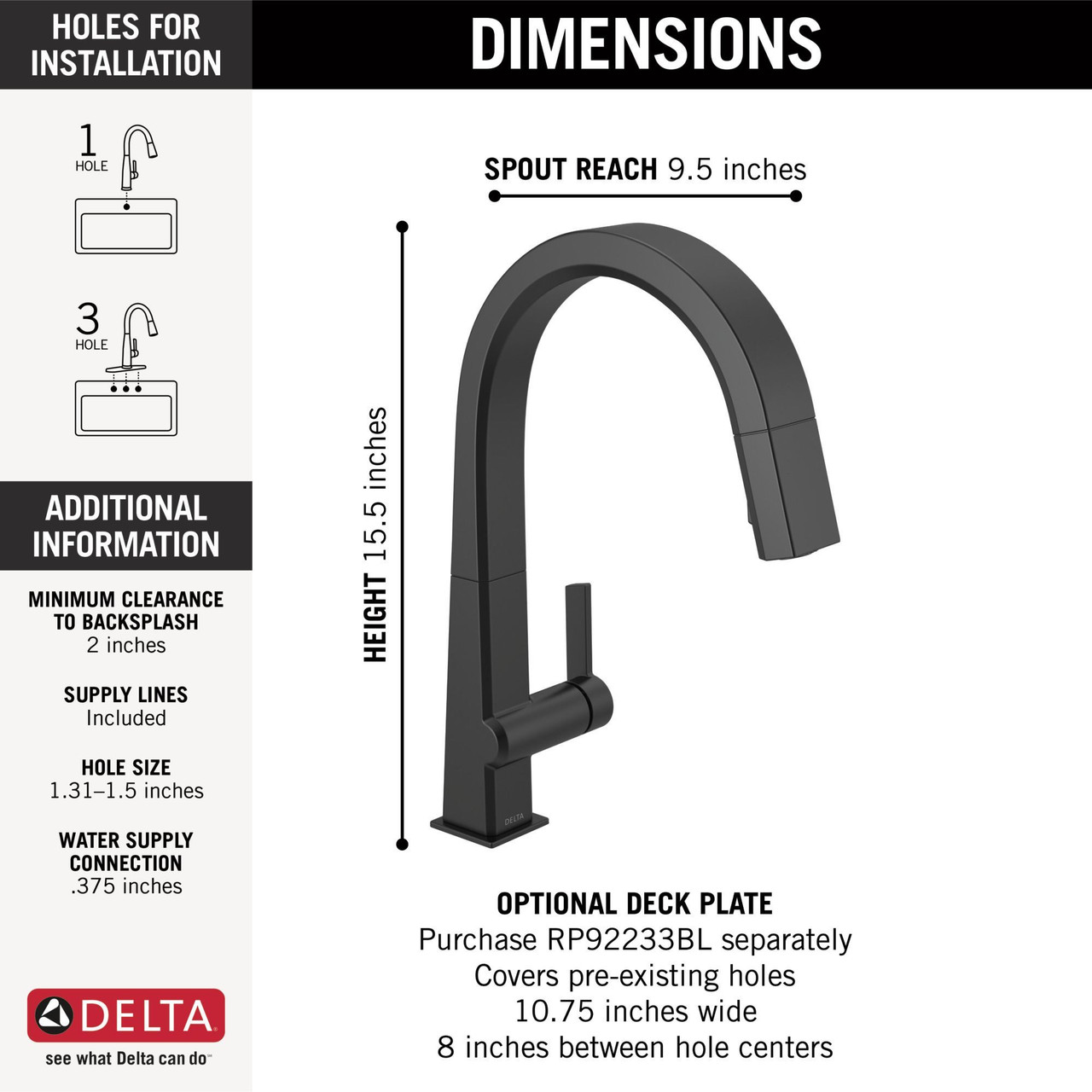 9193-BL-DST Pivotal Single Handle Pull Down Kitchen Faucet, Matte Black