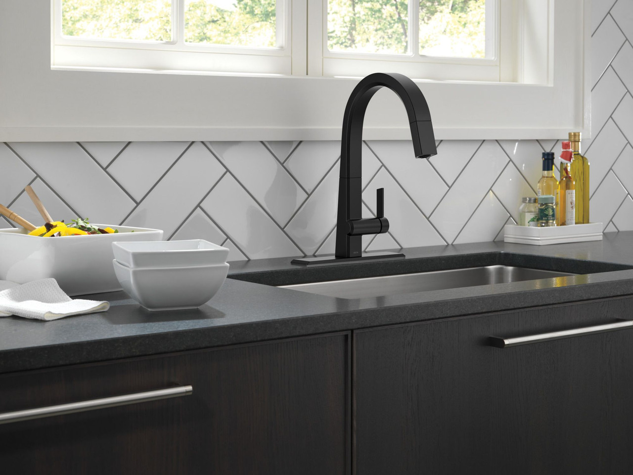 9193-BL-DST Pivotal Single Handle Pull Down Kitchen Faucet, Matte Black