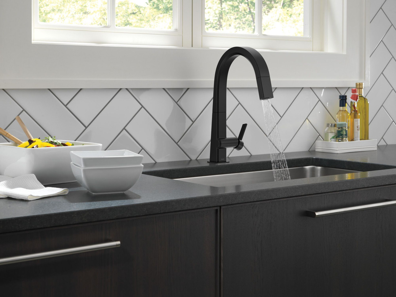 9193-BL-DST Pivotal Single Handle Pull Down Kitchen Faucet, Matte Black