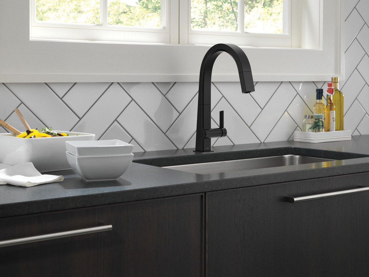 9193-BL-DST Pivotal Single Handle Pull Down Kitchen Faucet, Matte Black