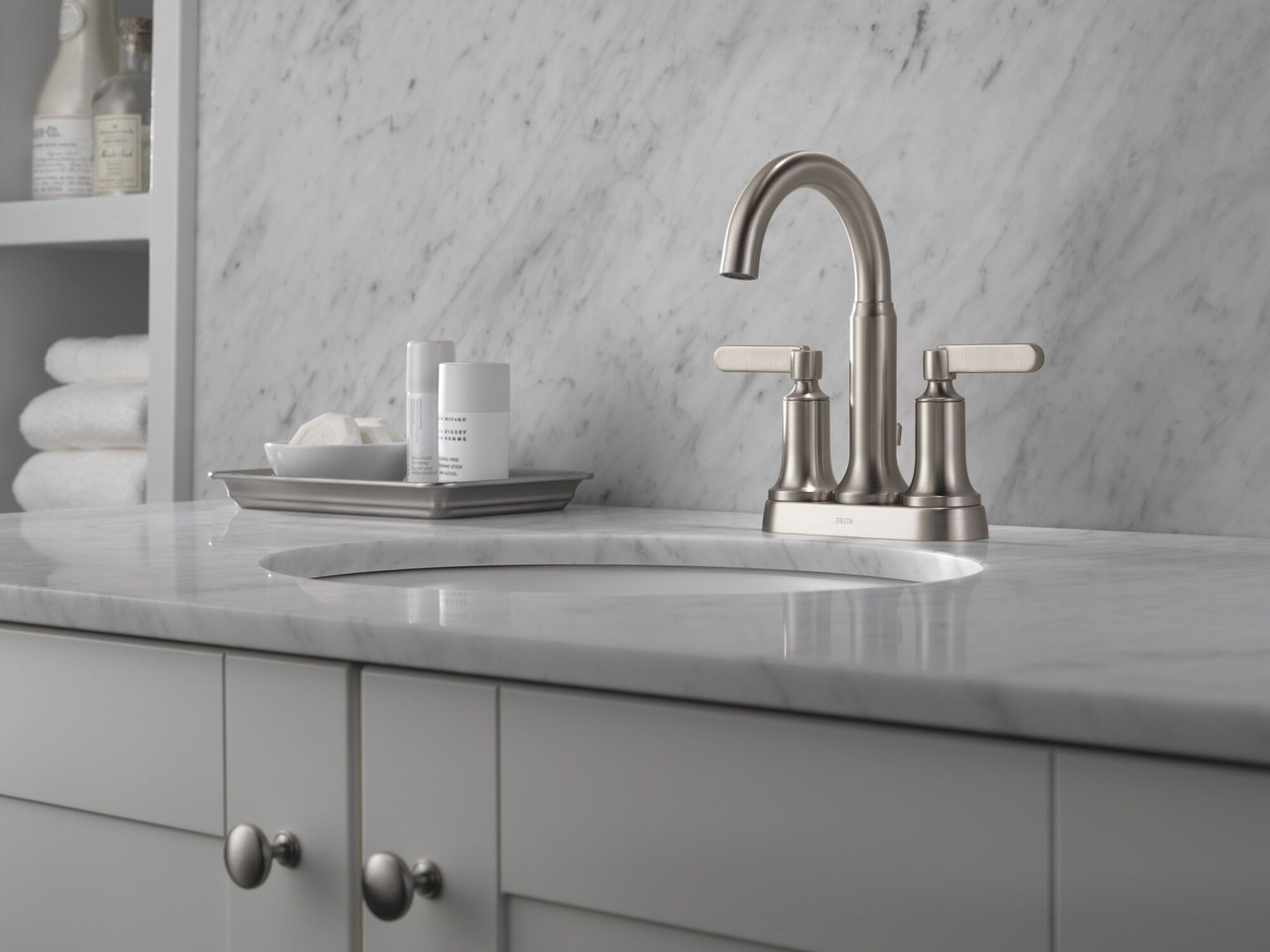 Delta 25769LF-SP Alux Two Handle Centerset Bathroom Faucet, Spotshield Brushed Nickel