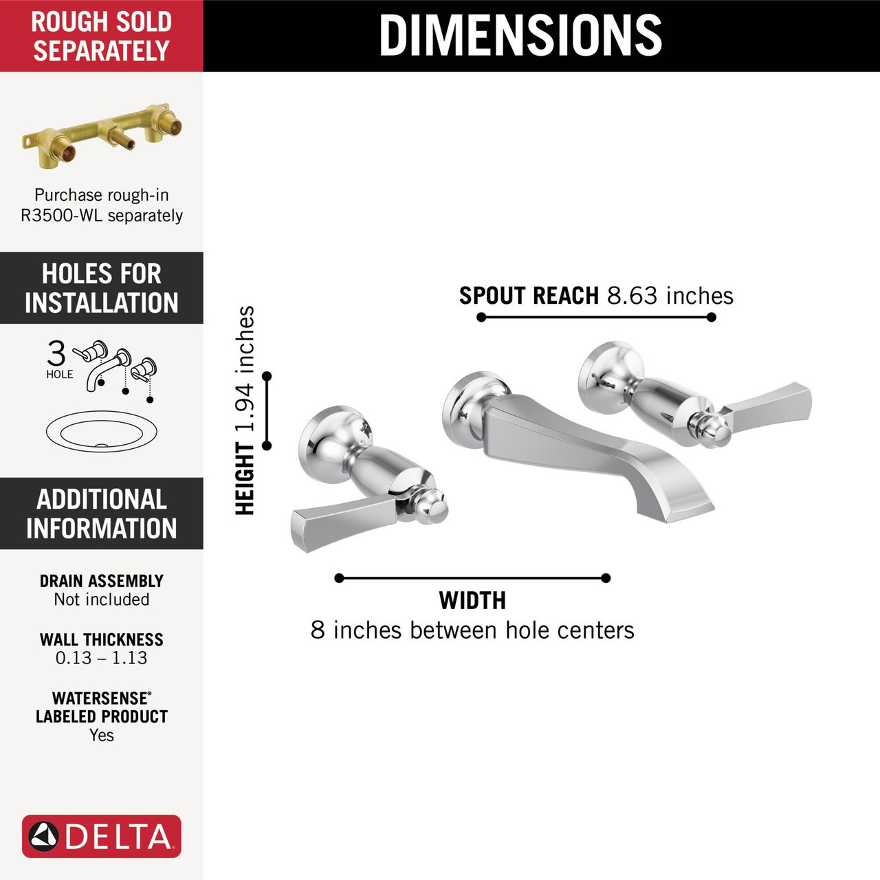 T3556LF-WL Dorval Two Handle Wall Mount Bathroom Faucet Trim Only, Chrome