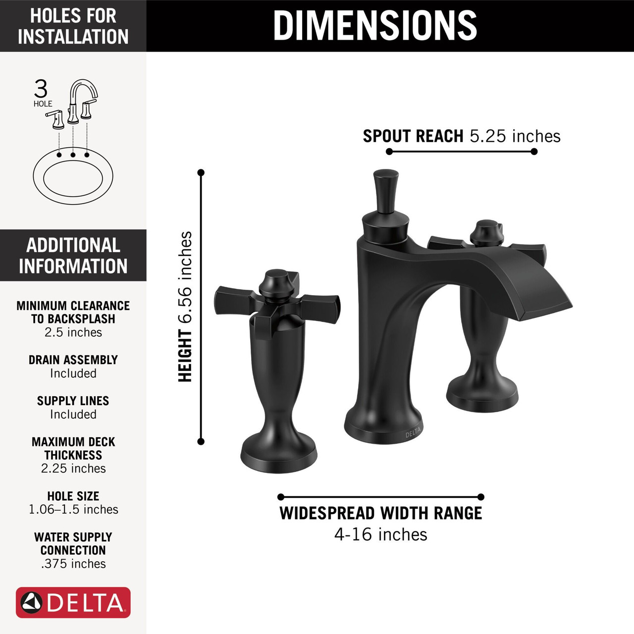 Delta 3557-BLMPU-DST Dorval Two Handle Widespread Bathroom Faucet, Matte Black