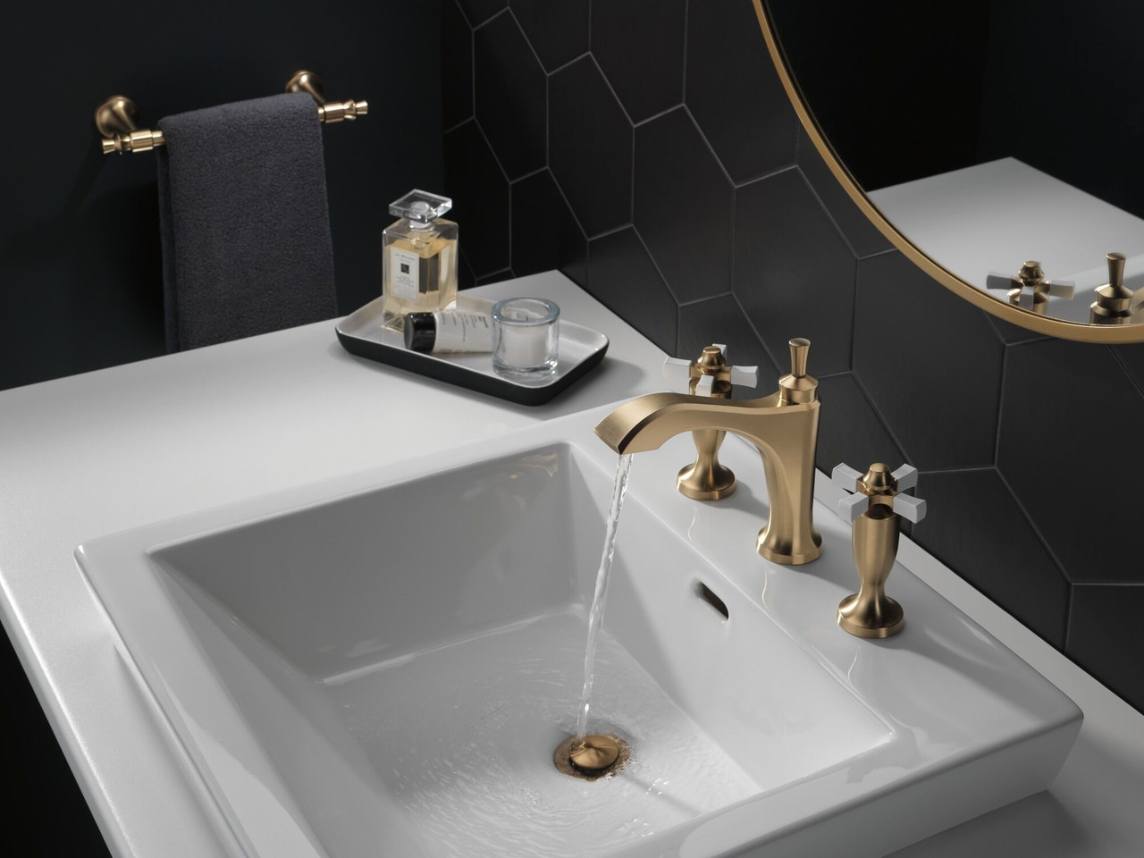 Delta 3557-GSMPU-DST Dorval Two Handle Widespread Bathroom Faucet, Champagne Bronze and Porcelain