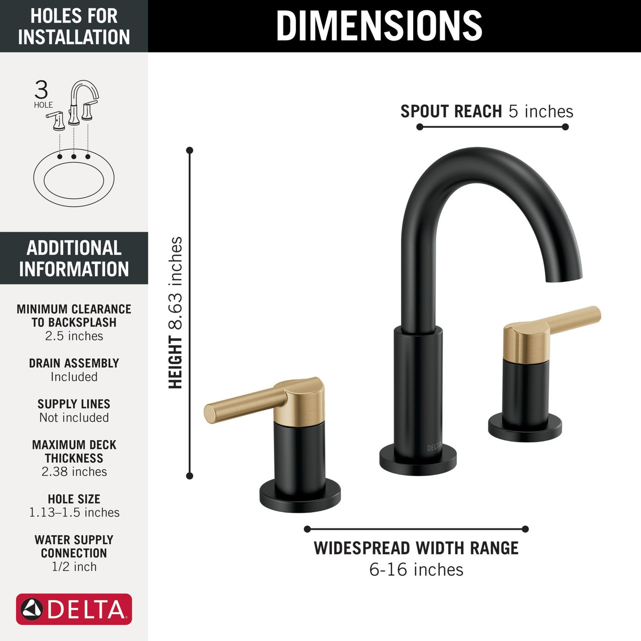 Delta 35749LF-GZ Nicoli Two Handle Widespread Bathroom Faucet, Matte Black and Champagne Bronze