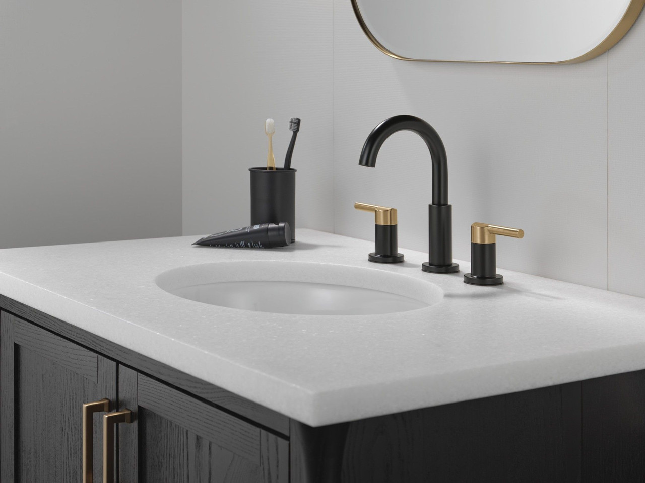 Delta 35749LF-GZ Nicoli Two Handle Widespread Bathroom Faucet, Matte Black and Champagne Bronze
