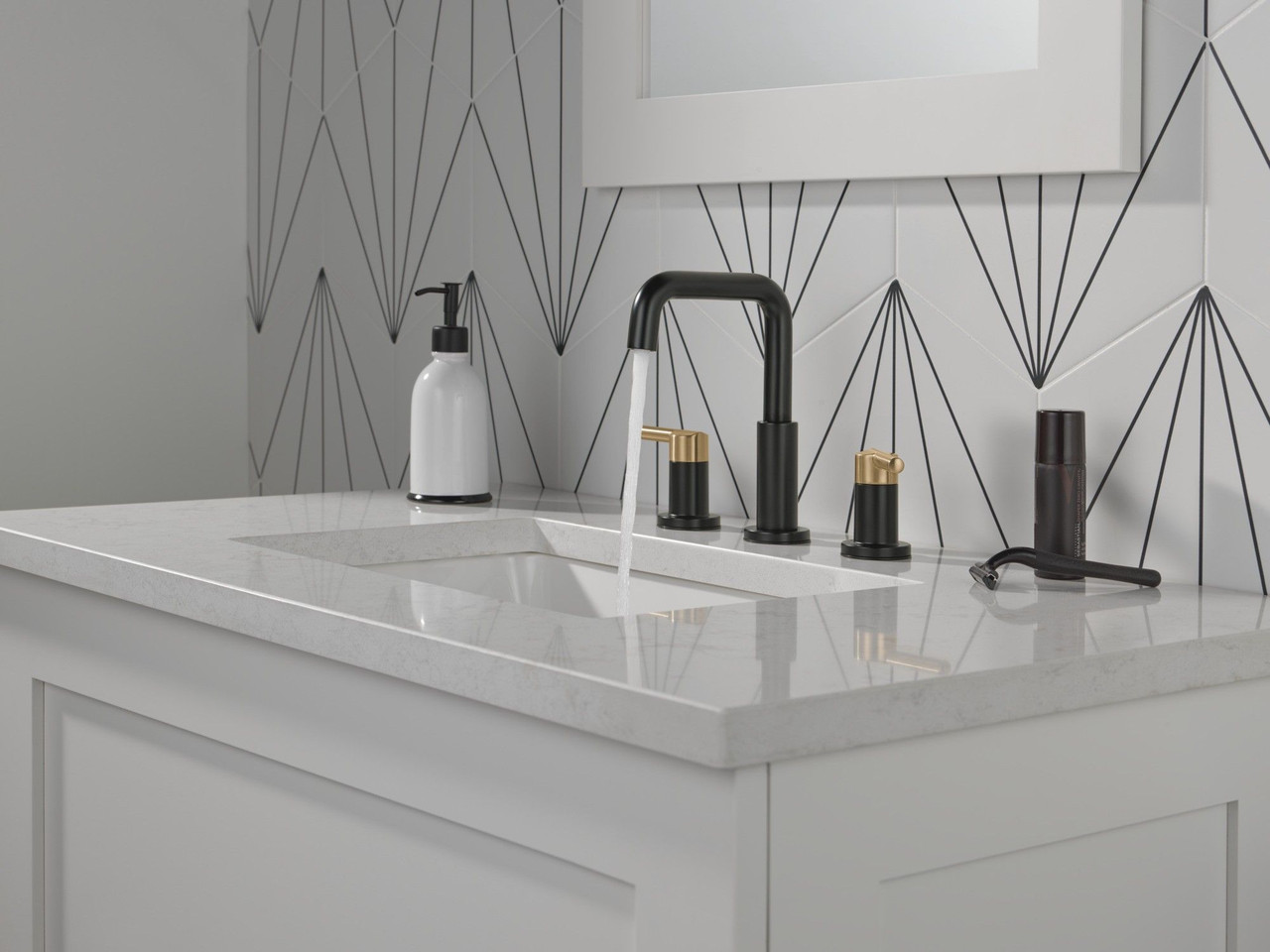 35849LF-GZ Nicoli Two Handle Widespread Bathroom Faucet, Matte Black and Champagne Bronze