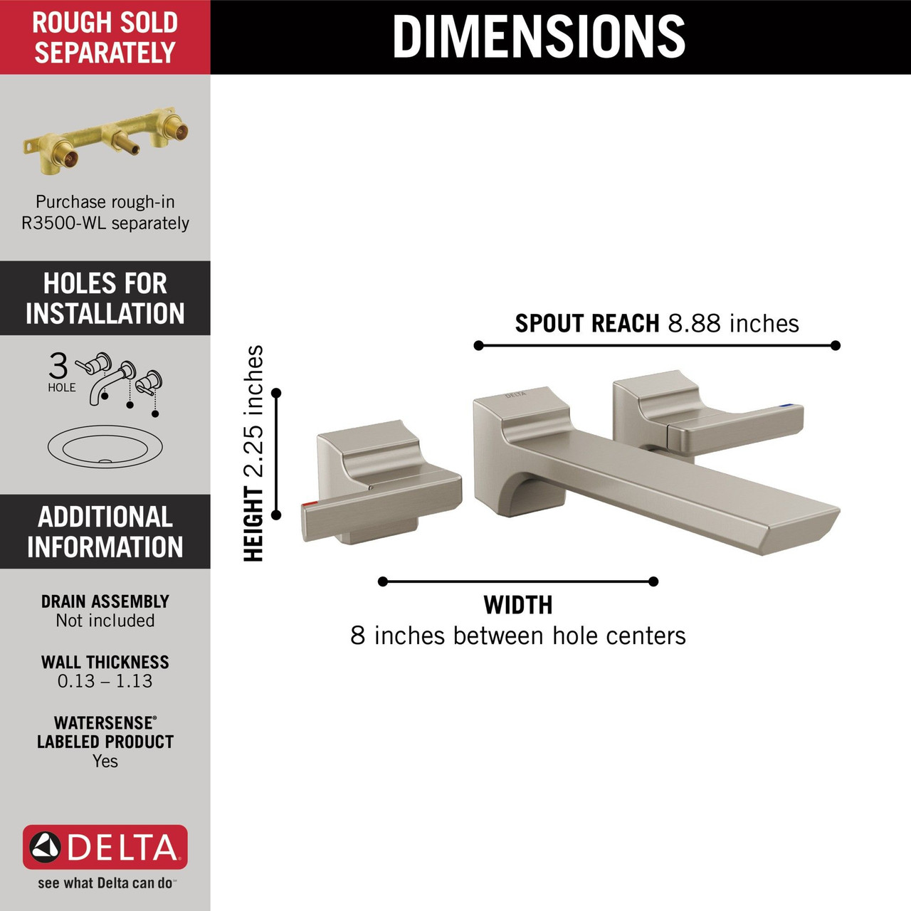 Delta T3599LF-SS-PR-WL Pivotal Two Handle Wall Mount Bathroom Faucet Trim, Lumicoat Stainless