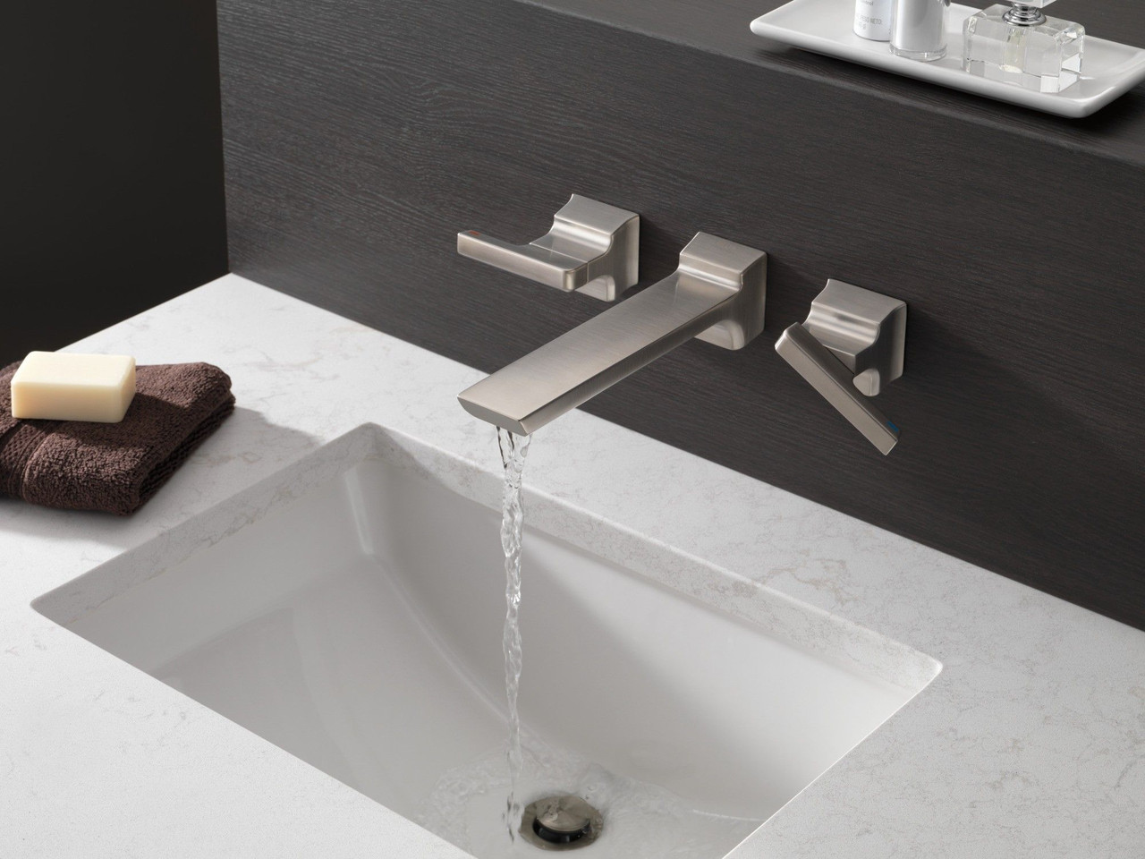 Delta T3599LF-SS-PR-WL Pivotal Two Handle Wall Mount Bathroom Faucet Trim, Lumicoat Stainless