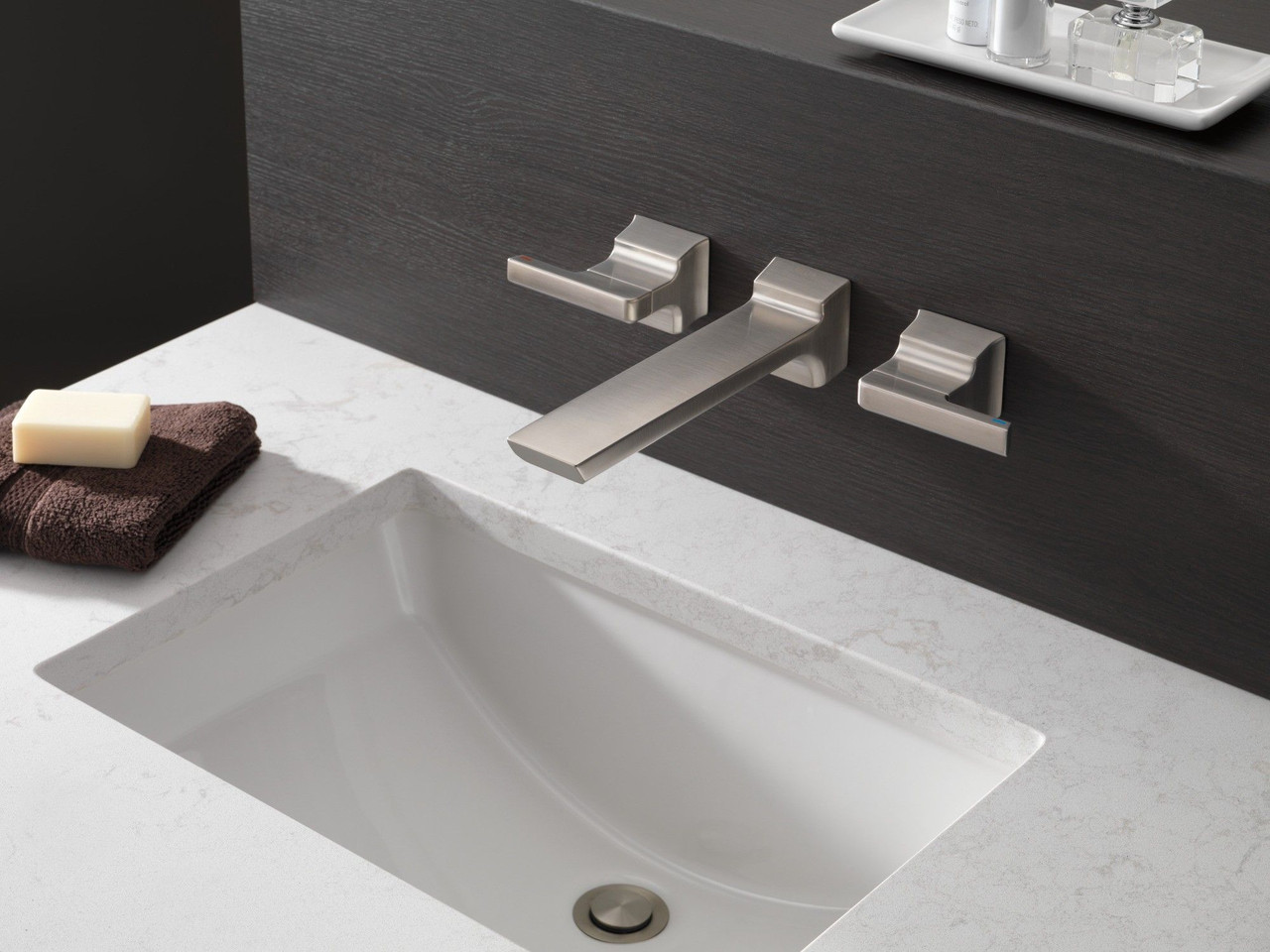 Delta T3599LF-SS-PR-WL Pivotal Two Handle Wall Mount Bathroom Faucet Trim, Lumicoat Stainless