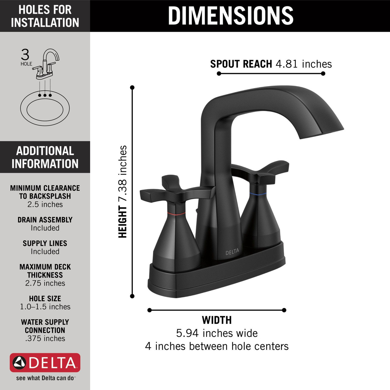 Delta 257766-BLMPU-DST Stryke Centerset Faucet, Matte Black