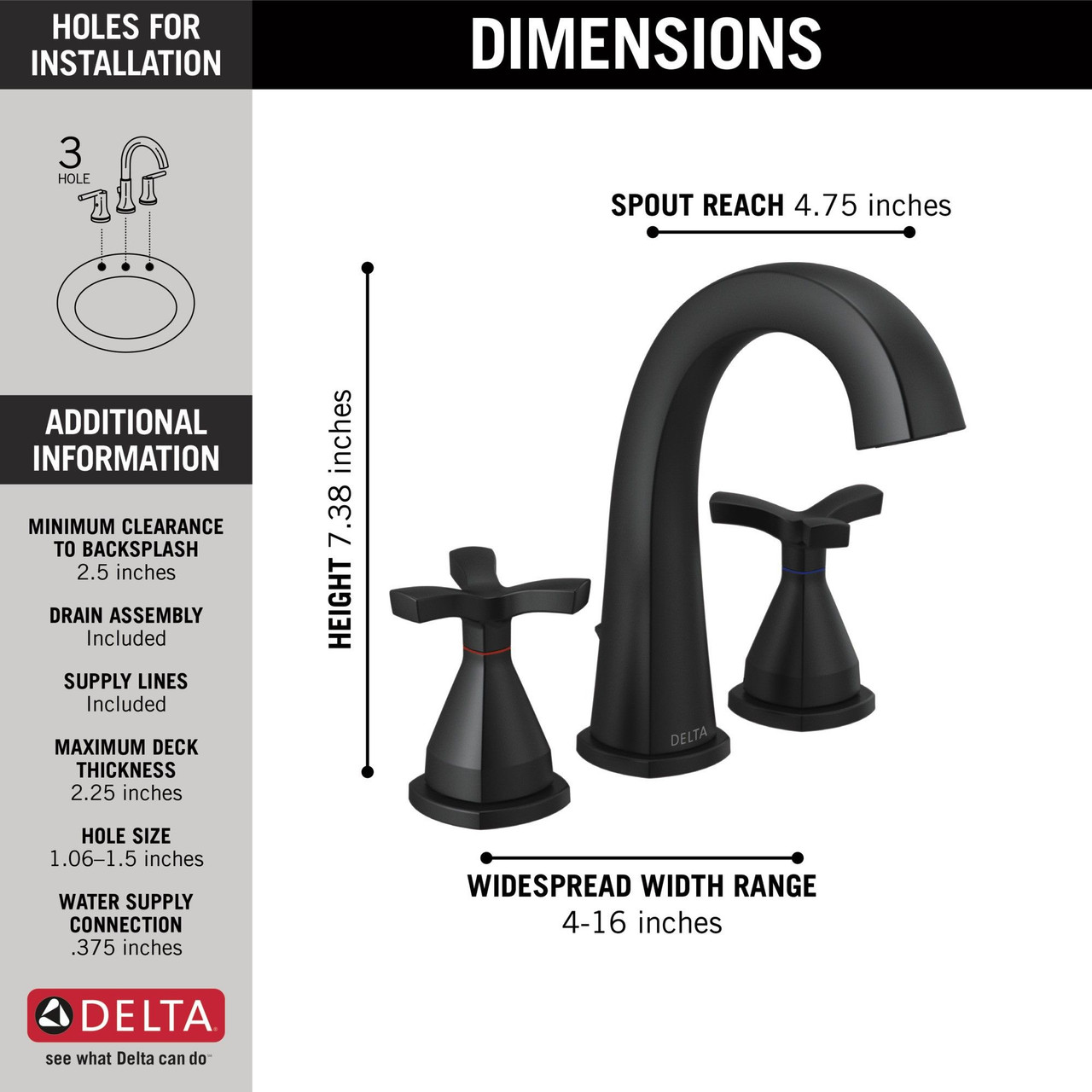 Delta 357756-BLMPU-DST Stryke Widespread Faucet, Matte Black