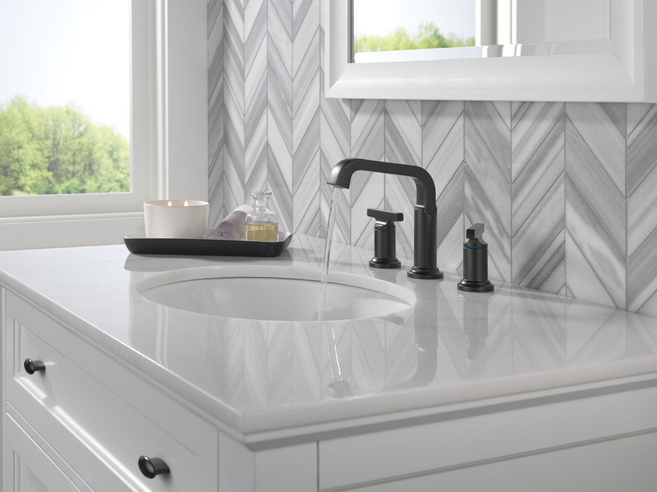 Delta 35587-BL-DST Tetra Two Handle Widespread Bathroom Faucet, Matte Black