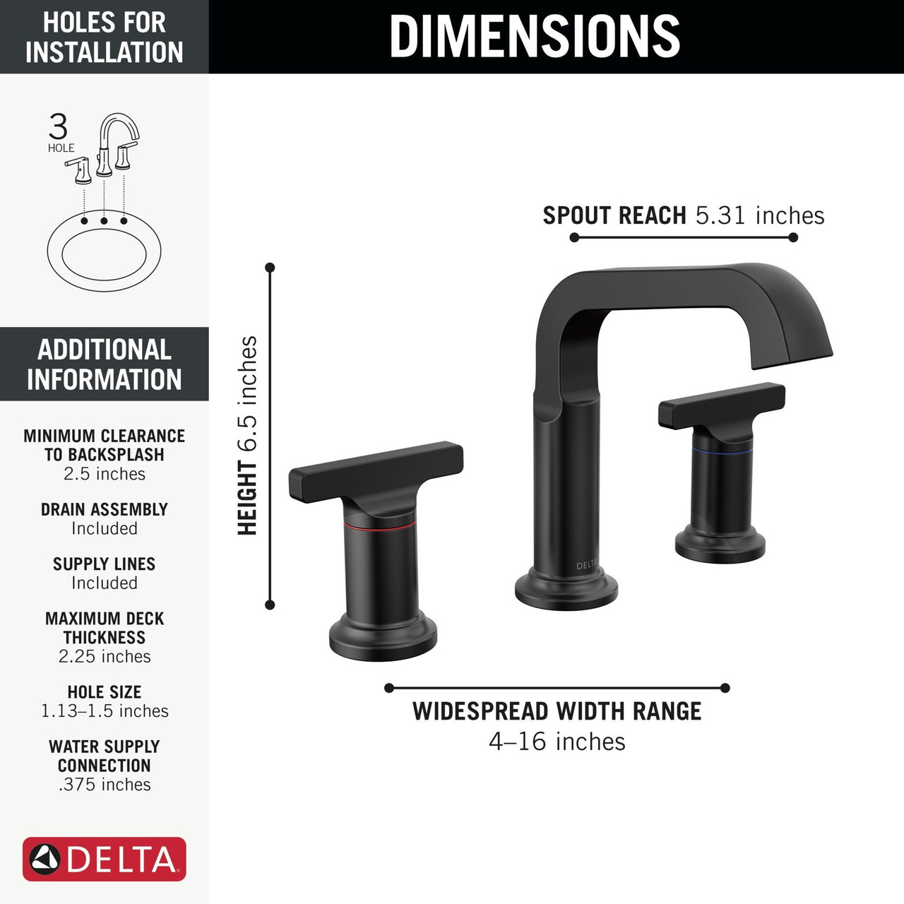Delta 35587-BL-DST Tetra Two Handle Widespread Bathroom Faucet, Matte Black